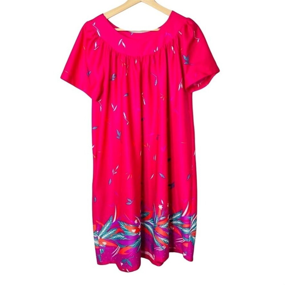 Vintage Pink Hawaiian MuMu Duster Shift Dress Floral Tropical Size M u